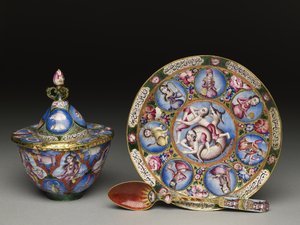 带有占星装饰的带盖碗，碟和勺，19世纪初