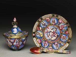 带有占星装饰的带盖碗，碟和勺，19世纪初