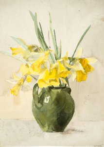 花瓶中的黄色花束（水彩、织纹纸）