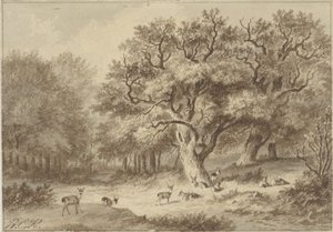 有鹿的森林景观 作者 巴伦德·科尼利斯·科克科克（Barend Cornelis Koekkoek）