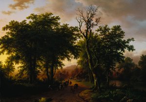 日落时在路径上的旅行者 作者 巴伦德·科尼利斯·科克科克（Barend Cornelis Koekkoek）