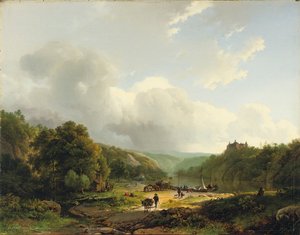 1831年在起伏的景观中卸下驳船 作者 巴伦德·科尼利斯·科克科克（Barend Cornelis Koekkoek）