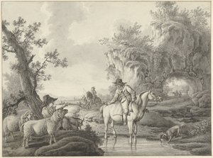池塘边牧羊人和骑士的风景画