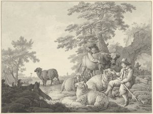牧羊人与羊群、男孩与小公牛的风景画