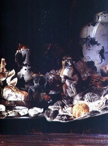 与猴子和中国瓷器的异乎寻常的静物画 作者 Barend或Bernardus van der Meer