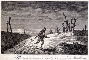 狼人（狼人）攻击一个人 - 来自美联社。 莫里斯·桑 (Maurice Sand) 的画作在 1857 年的沙龙上展出。 作者 杜德万特男爵让·弗朗索瓦·莫里斯（后）沙