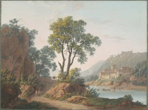 带有城堡和旅行者的河流景观 作者 Baron Louis Albert Guillain Bacler d'Albe
