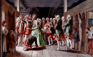 俄罗斯人打动了伊丽莎白·伊尔·彼得罗夫娜（Elisabeth Iere Petrovna，1709-1762）在她的盛宴和她未来登上皇位的那天，士兵们向她宣誓效忠克洛特的版画（19 世纪）1883 年圣彼得堡冬宫博物馆 作者 于尔根斯堡的米哈伊尔·彼得罗维奇·克洛德男爵