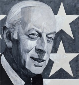 Alistair Cooke的肖像，听众的插图，20世纪70年代（船上的水粉）