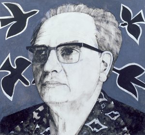 奥利维尔·梅西安的肖像，“星期日泰晤士报”的插图，1970年代（船上的水粉画）