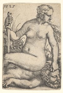 朱迪思（Judith）朝右看，裸体地坐在霍洛弗涅斯（Holofernes）的尸体顶上，a着嘴，1525年。