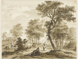 左侧有人物和船舱中男子的风景画 作者 巴塞洛缪理发师