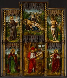 便携式祭坛画：Pietà，Saints Francis，Sebastian，John the Eowgelist，Jerome和John the Baptist，c.1500 作者 BartoloméBermejo