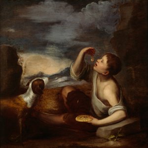 西班牙男孩和狗（布面油画） 作者 Bartolome Esteban (attr. to) Murillo
