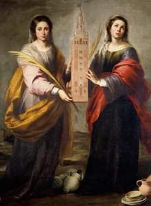 塞维利亚市的圣徒 Juste 和 Rufine（或 Ruffine）守护神，他们携带着 Giralda，它是大清真寺的前尖塔，它已经从塞维利亚大教堂的钟楼变成了巴托洛梅·穆里略 (1618-1682) 的绘画 166 作者 巴斯托洛梅·埃斯特万·穆里略