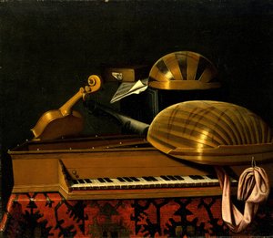 静物与乐器和书籍，十七世纪中期。 作者 Bartolomeo Bettera