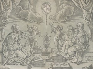 论文的寓意，两个女人拿着刻好的碑，1640年。