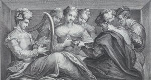 一群穿着优雅的人在弹奏竖琴和吉他，1740-68年