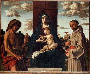 圣母子与圣徒弗朗西斯和施洗者约翰 par Montagna，Bartolomeo（1449-1523 年）。木板油画，尺寸：148x180，约 1485 年，威尼斯奇尼基金会