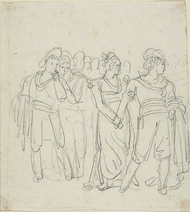 旅长被一名妇女拖住（正面）；风景中的两个人物素描（背面） 作者 Bartolomeo Pinelli