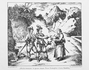 Don Abbondio遇到两个Bravi，Bartolomeo Pinelli（1781-1835）为Alessandro Manzoni（1785-1873）的《The Betrothed》绘制的石版画，意大利，19世纪 作者 Bartolomeo Pinelli