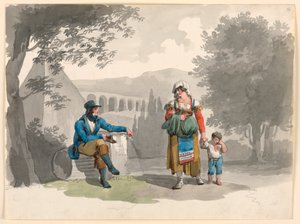 素描，1807 年，一名妇女手牵着一名男孩，与一名坐在坎帕尼亚废墟中的绅士擦肩而过 作者 Bartolomeo Pinelli
