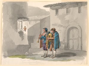 素描，"Pifferari"，罗马阿布鲁齐的两个吹笛者，1807-1808 年 作者 Bartolomeo Pinelli