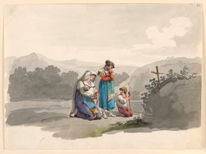 绘画，带着婴儿的妇女在标记其丈夫被杀地点的十字架前祈祷，1807-1808 年 作者 Bartolomeo Pinelli