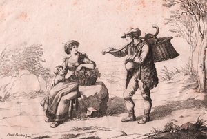 来自Pietra Terrazzana的妇女，身着阿布鲁佐的传统服装，和gioncataro（卖caciotte奶酪的人），Bartolomeo Pinelli的蚀刻画（罗马）。 作者 Bartolomeo Pinelli