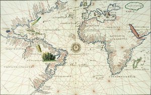 大西洋的双页地图，显示了北美洲和南美洲的东海岸，1544年