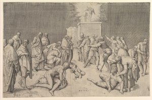 非利士人将约柜放在大衮庙里，约1540年。