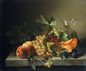 1858年，在石头壁架上放着水果的静物画 作者 贝拉·沙弗（Bela Schaffer）