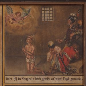 玛尔克. 教堂（Sint-Vincentiuskapel）。 内部的。 绘画。 圣文森特烈士。 十九世纪。 细节。 作者 比利时学校