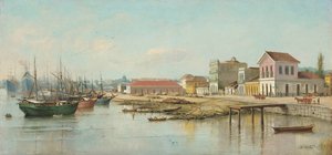 Benedito Calixto - Porto do Bispo，Santos，SP，从海上看，1887 年
