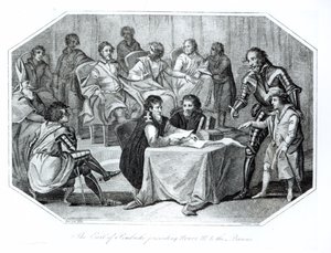 彭布罗克伯爵将亨利三世（1207-72）呈现给男爵，1216年由桑德斯镌刻 作者 贝内察赫