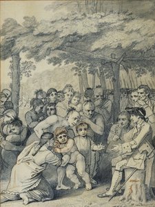 印第安人于1764年11月在北美的马斯金格姆（Muskingum）的营地附近向上校花束提供英国俘虏，c.1769（纸上水墨） 作者 本杰明·韦斯特