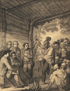 1764 年 10 月和 1765 年，印第安人在布凯上校位于美国马斯金厄姆河岸营地附近的篝火会议上与他交谈 作者 本杰明·韦斯特