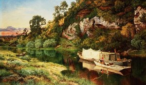 河流景观与渔夫制作鳗鱼陷阱 作者 本杰明·威廉姆斯（Benjamin Williams）领导人