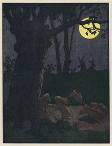 在一棵树下的兔子在被月光照亮的夜 作者 本杰明·拉比尔