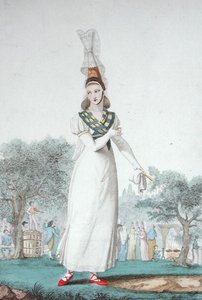 身着节日传统服装的高乔伊人，约1830年由加蒂内雕刻（彩色平版印刷）。 作者 Benoit (after) Pecheux