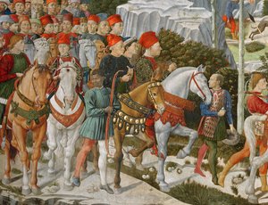 Galeazzo Maria Sforza，米兰公爵（1444-76），极左，在一匹棕色的马和Sigismondo Pandolfo Malatesta，里米尼（1417-68）的统治者在他旁边的灰色马，详细的M之旅 作者 Benozzo di Les di Sandro Gozzoli