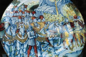 描绘Magi游行的马乔里卡盘，由Benozzo Gozzoli（约1420-1497）制作，Gualdo Tadino手工艺品，意大利翁布里亚。 作者 Benozzo di Lese di Sandro Gozzoli