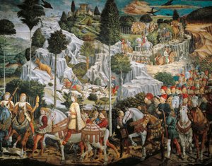 玛吉国王前往伯利恒的队伍，由Benozzo Gozzoli（1420-1497）创作，壁画，蛋彩和油画，佛罗伦萨美第奇宫教堂，Riccardi。 作者 Benozzo di Les di Sandro Gozzoli
