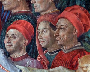 麦琪的旅程 耶路撒冷麦琪的队伍在伯利恒 "Viaggio dei Magi "或 "Cavalcata dei Magi"（麦琪队伍中的面孔细节） 贝诺佐-戈佐利（1420-1497）的壁画。 作者 Benozzo di Les di Sandro Gozzoli
