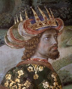 耶路撒冷贤士的贤士团到伯利姆的旅程调用意大利语“Viaggio dei Magi”或“Cavalcata dei Magi” 巴尔塔萨的细节根据约翰八世古学家拜占庭皇帝（约翰七世 Palaiologos（或 Palaeologus））壁画的特点 作者 Benozzo di Les di Sandro Gozzoli