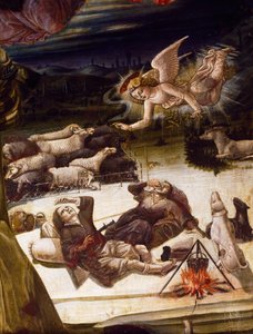 天使和牧羊人》，本维努托-迪-乔瓦尼（Benvenuto di Giovanni，1436-约 1518 年）《耶稣诞生》祭坛画的细节，木板绘画。
