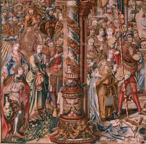 佛兰德挂毯荣誉系列。信仰》（La Fe）。该系列的第一幅挂毯。Bernard van Orley 和 Jan Gossaert (Mabuse) 圈子里的漫画家模特。制作地点：布鲁塞尔，彼得-凡-艾尔斯特（Pieter van Aelst）。约 1550 年。织物 金、银、丝和羊毛。