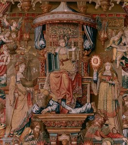佛兰德挂毯荣誉系列。信仰》（La Fe）。该系列的第一幅挂毯。Bernard van Orley 和 Jan Gossaert (Mabuse) 圈子里的漫画家模特。制作地点：布鲁塞尔，彼得-凡-艾尔斯特（Pieter van Aelst）。约 1550 年。织物 金、银、丝和羊毛。
