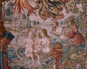 佛兰德挂毯荣誉系列。名声（La Fama）。系列挂毯中的第三幅。Bernard van Orley 和 Jan Gossaert (Mabuse) 圈子里的模范漫画家。制作地点：布鲁塞尔，彼得-凡-艾尔斯特（Pieter van Aelst）。约 1550 年。织物 金、银、丝和羊毛。 作者 Bernaert van (circle of) Orley