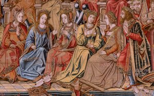 佛兰德挂毯荣誉系列。荣誉（El Honor）。该系列的第二幅挂毯。Bernard van Orley 和 Jan Gossaert (Mabuse) 圈子里的漫画家模特。制作地点：布鲁塞尔，彼得-凡-艾尔斯特（Pieter van Aelst）。约 1550 年。织物 金、银、丝和羊毛。
